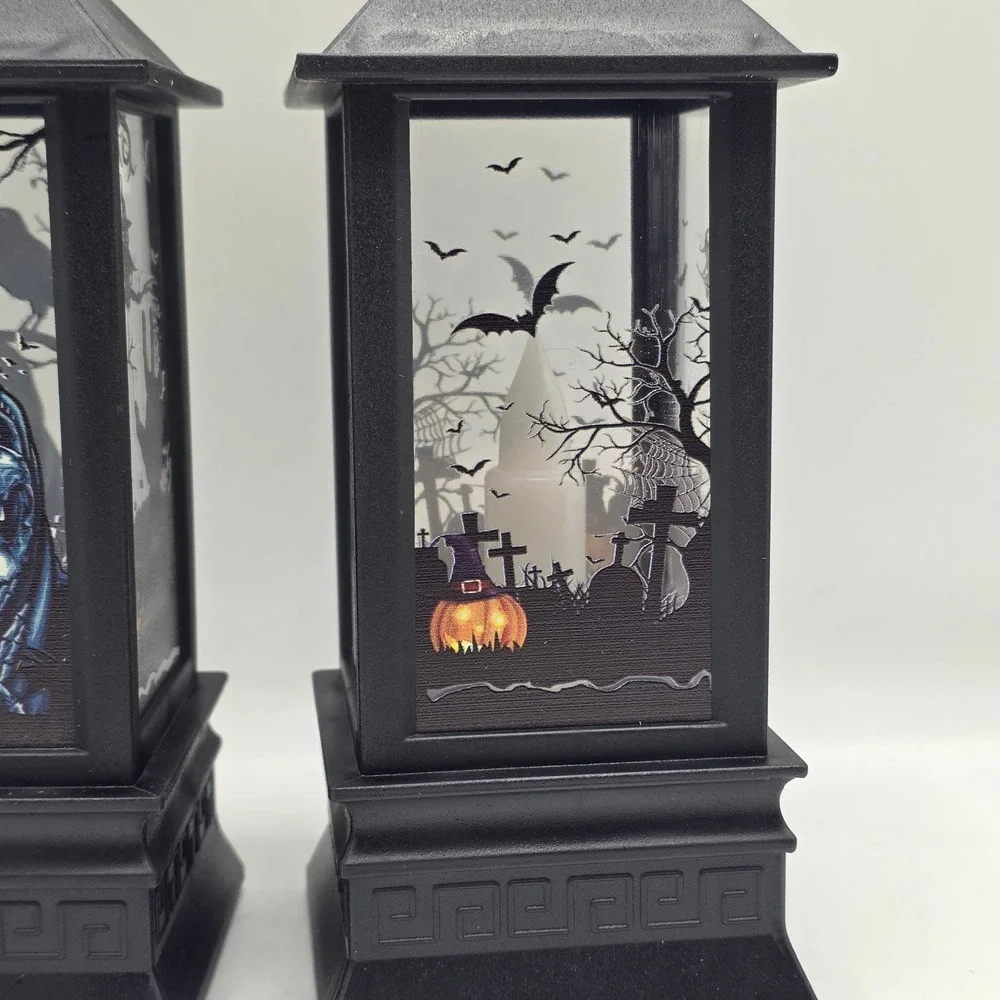Halloween LED Storm Lanterns 2pc Black‎ Spooky Skull Haunted House Gothic Decor